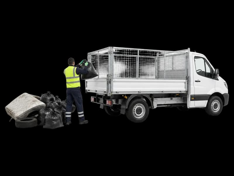 Worker clearing fly-tipped waste into a van