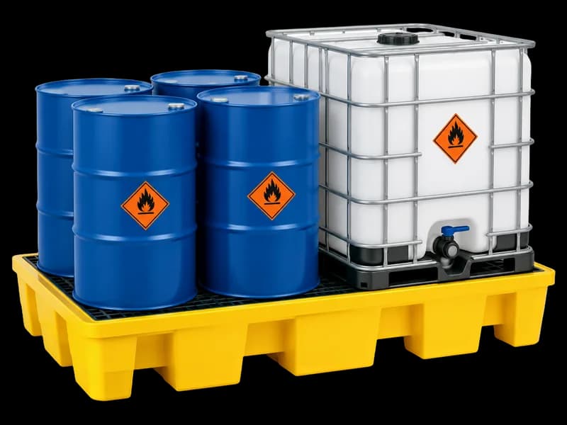 Drums and an IBC on a spill pallet