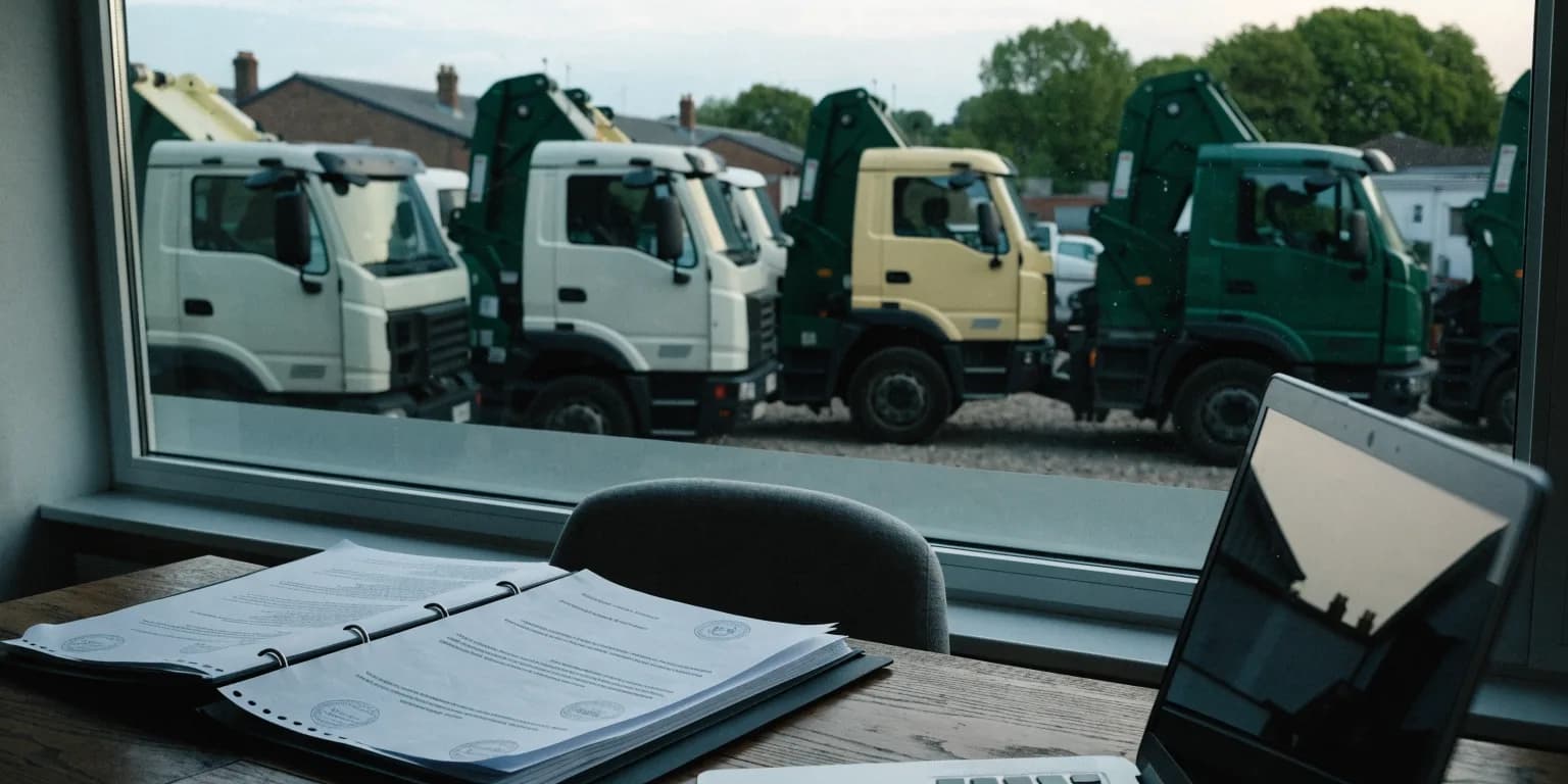 A folder of paper certificates and a laptop on a depot office desk, with a row of skip and hooklift vehicles parked outside the window