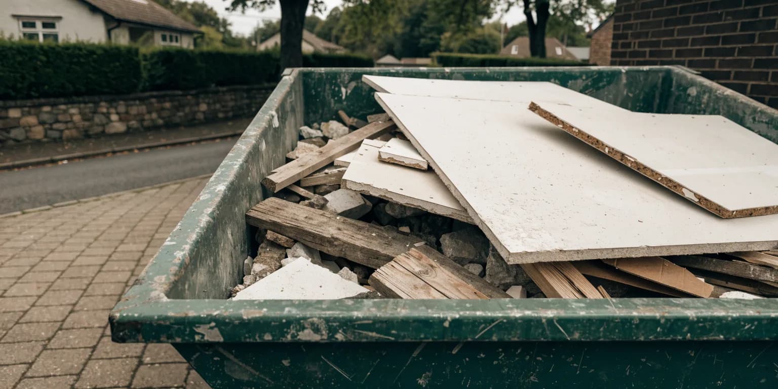 A half-full skip on a driveway with plasterboard offcuts lying on top of mixed building waste