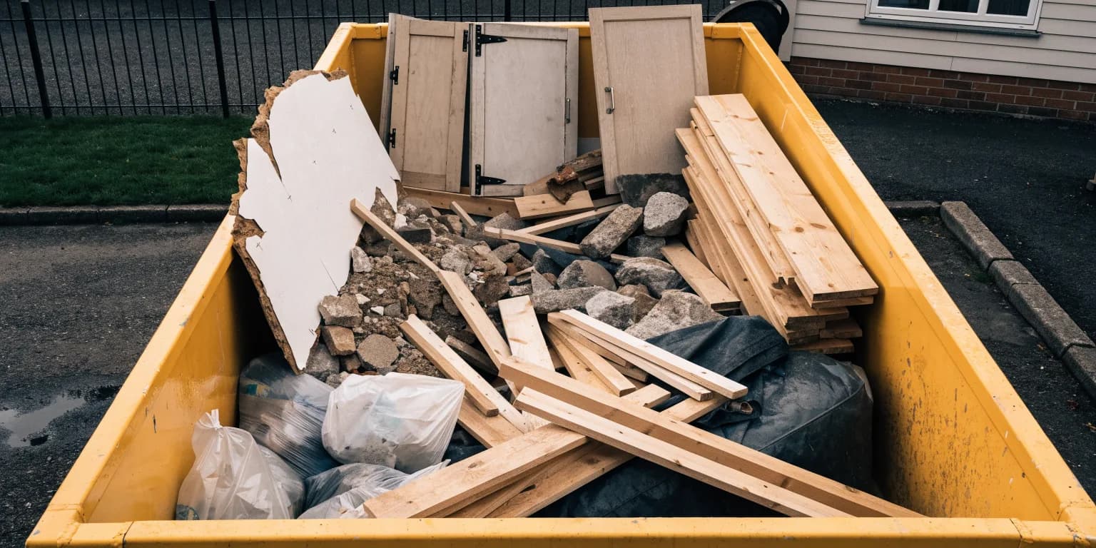 A full skip of mixed builders' waste on a driveway: broken plasterboard, timber offcuts, old cupboard doors, rubble and bagged rubbish