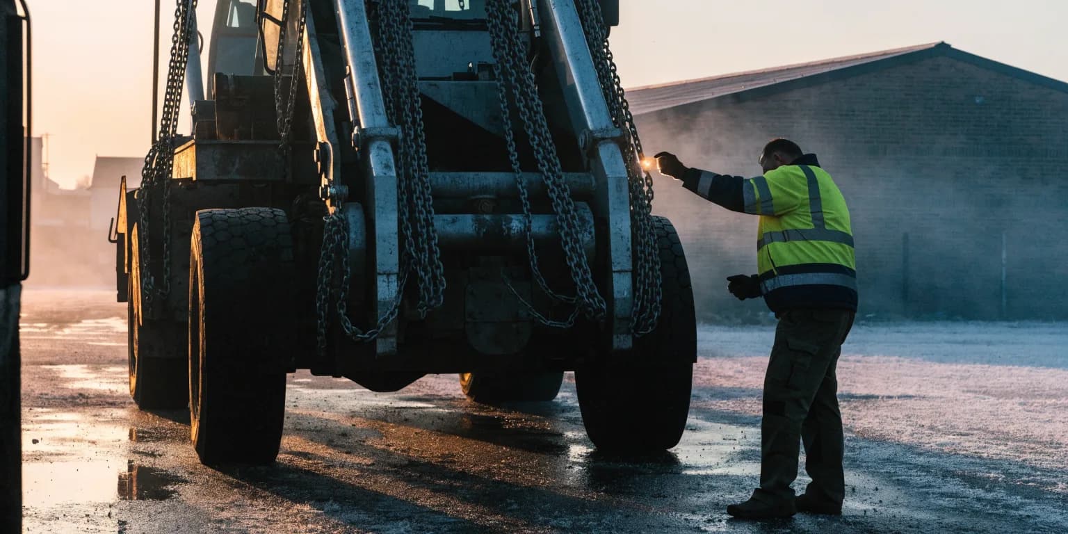 A driver in a high visibility jacket checking the lifting arms of a skip loader in a yard at first light