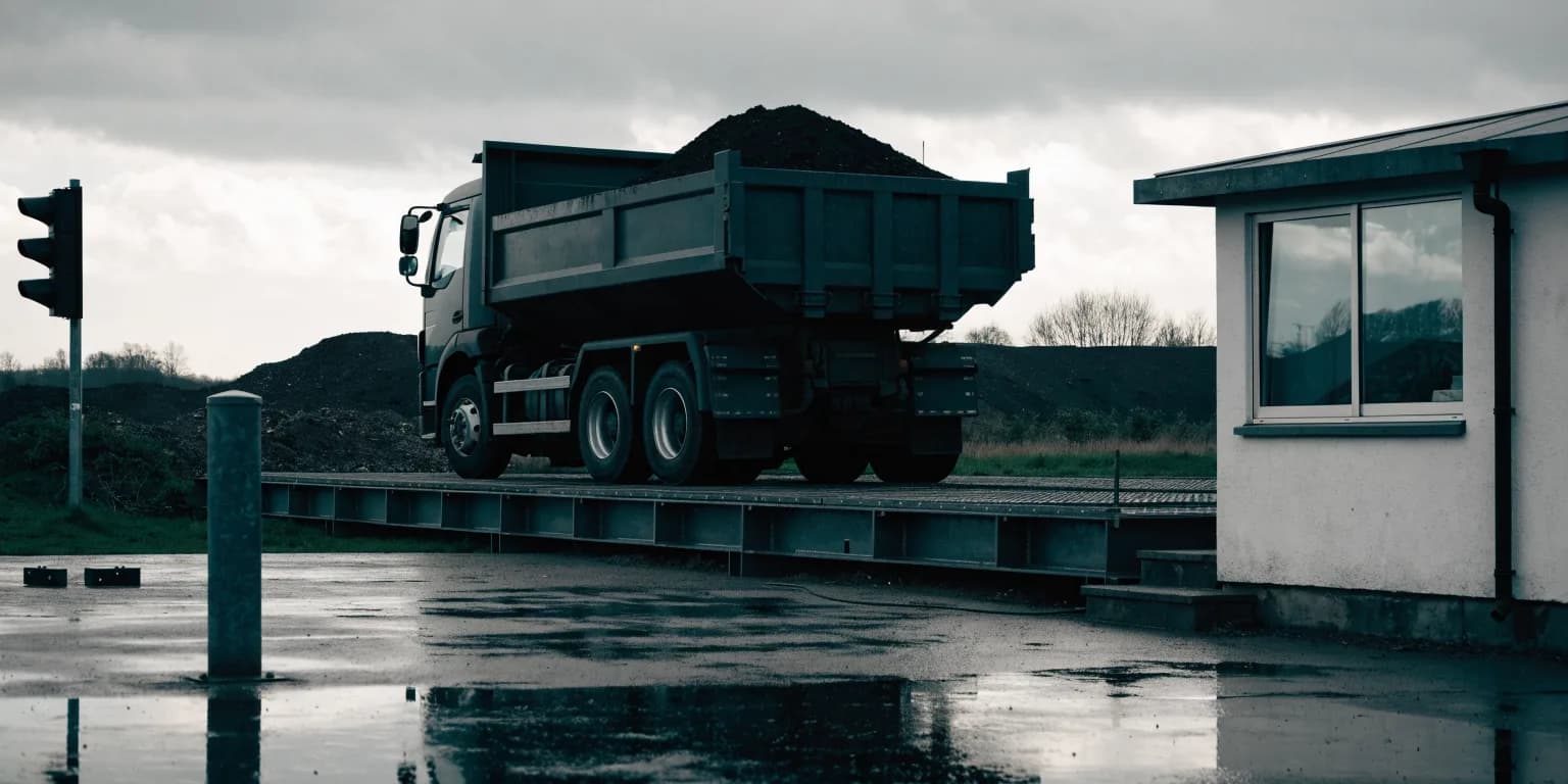 A loaded tipper standing on a weighbridge outside a site office, with the weight showing on a display by the hut window