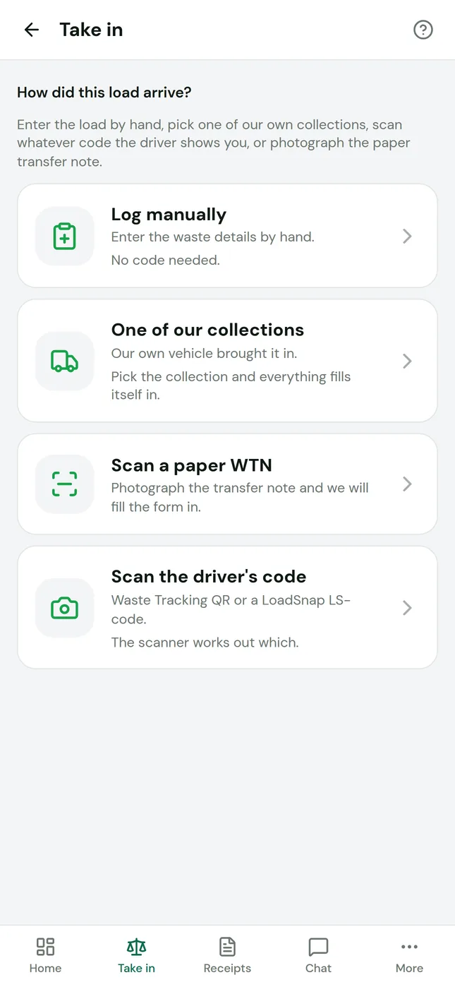 The LoadSnap weighbridge app asking how a load arrived: logged by hand, one of your own collections, a paper transfer note or the driver's code