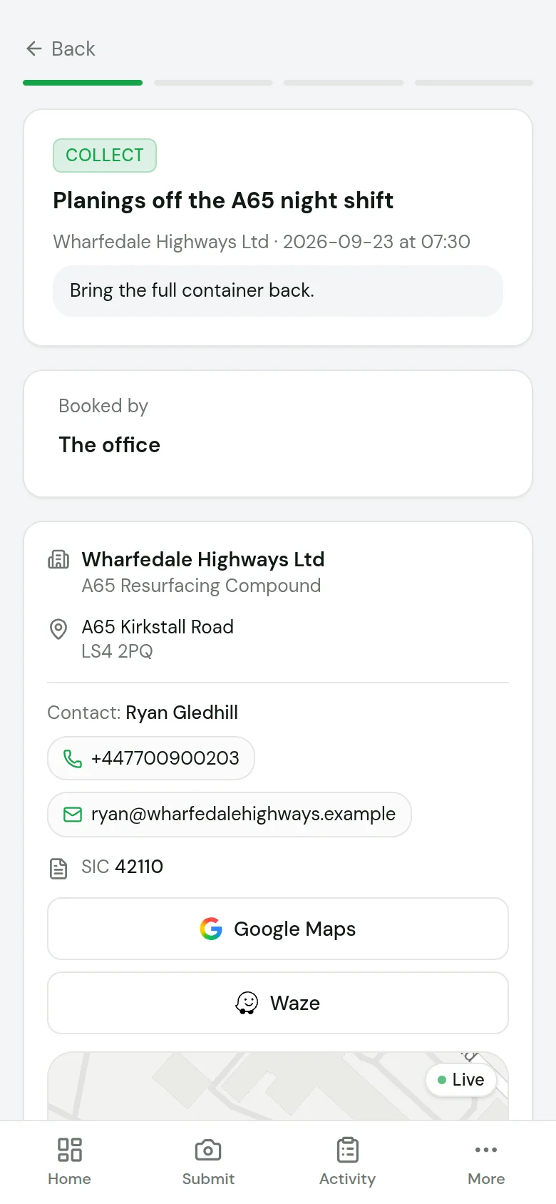 A collection open in the LoadSnap driver app: the site, the contact, directions and the office's note for the driver