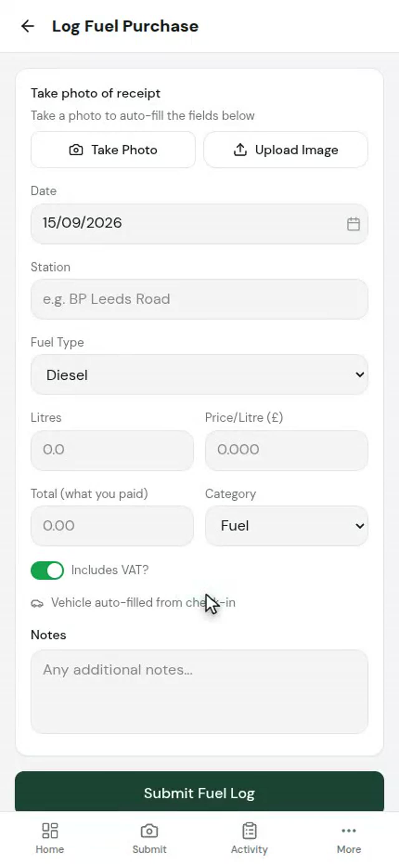 A still from the fuel and expenses from the cab video