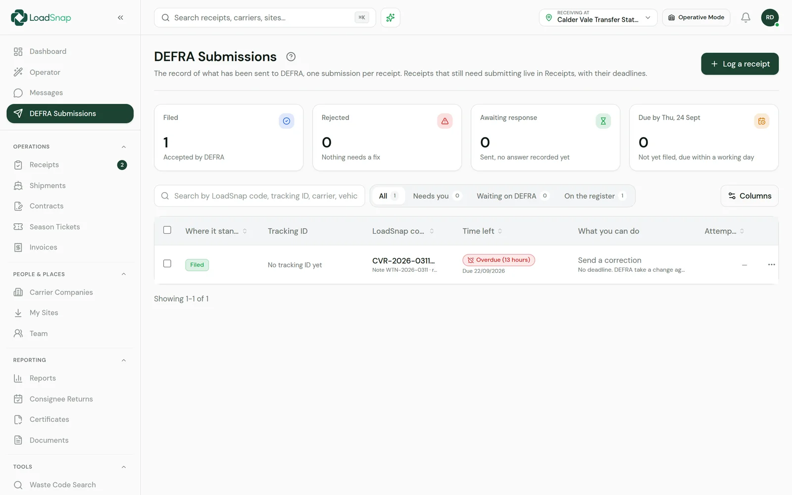 DEFRA digital waste tracking screen in LoadSnap