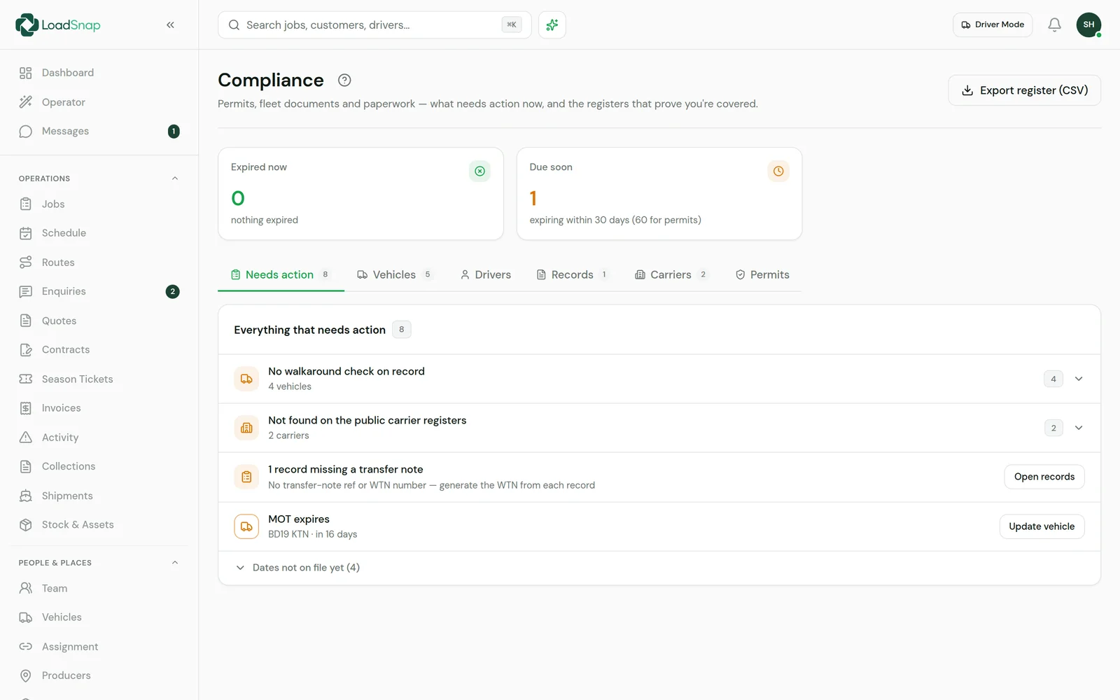 Licence and expiry dashboard screen in LoadSnap